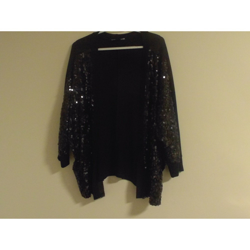 Moa Moa Woman Black Sequin Open Front Cardigan Dolman Sleeve Shimmer Party Top